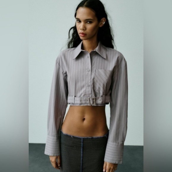 Zara collared crop shirt belted stripe long sleeve flattering dart back NWT rare - Picture 3 of 14